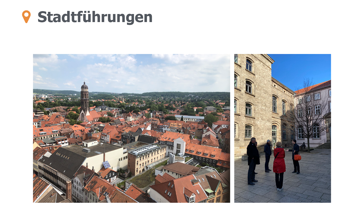 Präsentationsfolie mit Überschrift Stadtführungen und zwei Fotos von Führungen in Göttingen