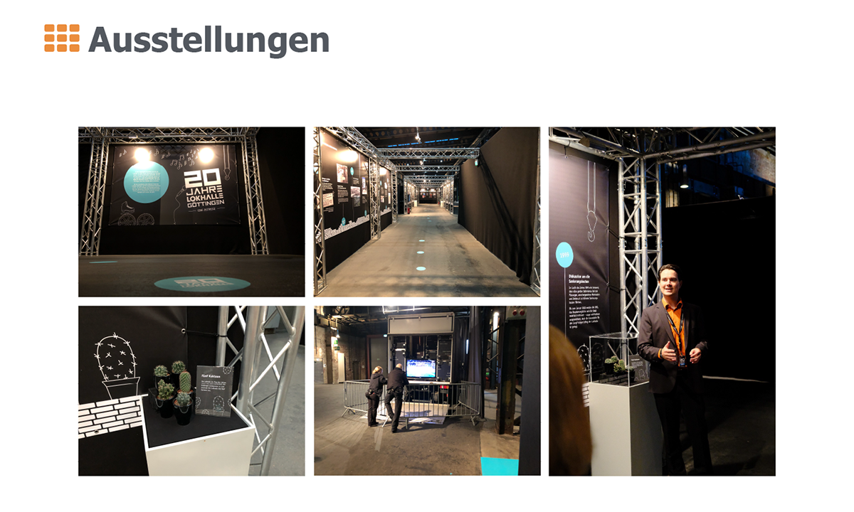 Präsentationsfolie mit der Überschrift Ausstellungen und fünf Bildern einer Ausstellung zur Geschichte der Lokhalle Göttingen